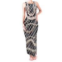 Black Aloha Hawaii Shell Lei Tank Maxi Dress Palaka Hebrew Cone Honey Cowrie Elegant Curves - Polynesian Pride