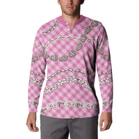 Pink Aloha Hawaii Shell Lei Button Sweatshirt Palaka Hebrew Cone Honey Cowrie Elegant Curves - Polynesian Pride