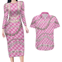 Pink Aloha Hawaii Shell Lei Couples Matching Long Sleeve Bodycon Dress and Hawaiian Shirt Palaka Hebrew Cone Honey Cowrie Elegant Curves LT14 Pink - Polynesian Pride