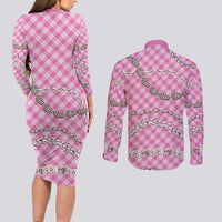 Pink Aloha Hawaii Shell Lei Couples Matching Long Sleeve Bodycon Dress and Long Sleeve Button Shirt Palaka Hebrew Cone Honey Cowrie Elegant Curves LT14 - Polynesian Pride