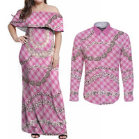 Pink Aloha Hawaii Shell Lei Couples Matching Off Shoulder Maxi Dress and Long Sleeve Button Shirt Palaka Hebrew Cone Honey Cowrie Elegant Curves LT14 Pink - Polynesian Pride