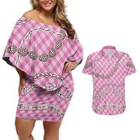 Pink Aloha Hawaii Shell Lei Couples Matching Off Shoulder Short Dress and Hawaiian Shirt Palaka Hebrew Cone Honey Cowrie Elegant Curves LT14 Pink - Polynesian Pride