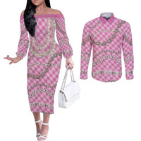 Pink Aloha Hawaii Shell Lei Couples Matching Off The Shoulder Long Sleeve Dress and Long Sleeve Button Shirt Palaka Hebrew Cone Honey Cowrie Elegant Curves LT14 Pink - Polynesian Pride
