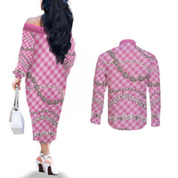 Pink Aloha Hawaii Shell Lei Couples Matching Off The Shoulder Long Sleeve Dress and Long Sleeve Button Shirt Palaka Hebrew Cone Honey Cowrie Elegant Curves LT14 - Polynesian Pride