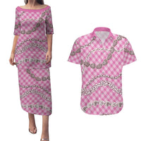 Pink Aloha Hawaii Shell Lei Couples Matching Puletasi and Hawaiian Shirt Palaka Hebrew Cone Honey Cowrie Elegant Curves LT14 Pink - Polynesian Pride