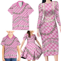 Pink Aloha Hawaii Shell Lei Family Matching Long Sleeve Bodycon Dress and Hawaiian Shirt Palaka Hebrew Cone Honey Cowrie Elegant Curves LT14 - Polynesian Pride