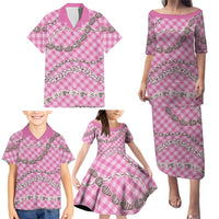 Pink Aloha Hawaii Shell Lei Family Matching Puletasi and Hawaiian Shirt Palaka Hebrew Cone Honey Cowrie Elegant Curves LT14 - Polynesian Pride