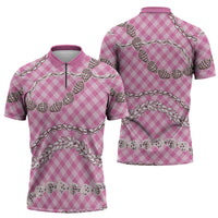 Pink Aloha Hawaii Shell Lei Zipper Polo Shirt Palaka Hebrew Cone Honey Cowrie Elegant Curves - Polynesian Pride