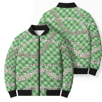 Green Aloha Hawaii Shell Lei Bomber Puffer Jacket Palaka Hebrew Cone Honey Cowrie Elegant Curves - Polynesian Pride