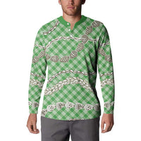 Green Aloha Hawaii Shell Lei Button Sweatshirt Palaka Hebrew Cone Honey Cowrie Elegant Curves - Polynesian Pride