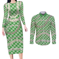 Green Aloha Hawaii Shell Lei Couples Matching Long Sleeve Bodycon Dress and Long Sleeve Button Shirt Palaka Hebrew Cone Honey Cowrie Elegant Curves LT14 Green - Polynesian Pride