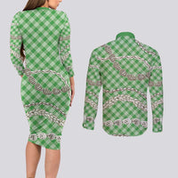 Green Aloha Hawaii Shell Lei Couples Matching Long Sleeve Bodycon Dress and Long Sleeve Button Shirt Palaka Hebrew Cone Honey Cowrie Elegant Curves LT14 - Polynesian Pride