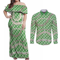 Green Aloha Hawaii Shell Lei Couples Matching Off Shoulder Maxi Dress and Long Sleeve Button Shirt Palaka Hebrew Cone Honey Cowrie Elegant Curves LT14 Green - Polynesian Pride