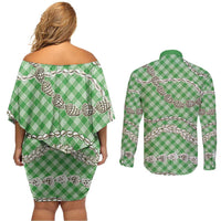 Green Aloha Hawaii Shell Lei Couples Matching Off Shoulder Short Dress and Long Sleeve Button Shirt Palaka Hebrew Cone Honey Cowrie Elegant Curves LT14 - Polynesian Pride