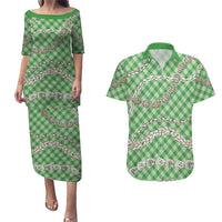 Green Aloha Hawaii Shell Lei Couples Matching Puletasi and Hawaiian Shirt Palaka Hebrew Cone Honey Cowrie Elegant Curves LT14 Green - Polynesian Pride