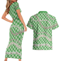 Green Aloha Hawaii Shell Lei Couples Matching Short Sleeve Bodycon Dress and Hawaiian Shirt Palaka Hebrew Cone Honey Cowrie Elegant Curves LT14 - Polynesian Pride