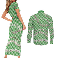 Green Aloha Hawaii Shell Lei Couples Matching Short Sleeve Bodycon Dress and Long Sleeve Button Shirt Palaka Hebrew Cone Honey Cowrie Elegant Curves LT14 - Polynesian Pride