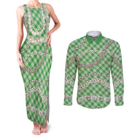 Green Aloha Hawaii Shell Lei Couples Matching Tank Maxi Dress and Long Sleeve Button Shirt Palaka Hebrew Cone Honey Cowrie Elegant Curves LT14 Green - Polynesian Pride