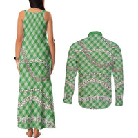 Green Aloha Hawaii Shell Lei Couples Matching Tank Maxi Dress and Long Sleeve Button Shirt Palaka Hebrew Cone Honey Cowrie Elegant Curves LT14 - Polynesian Pride