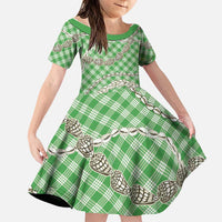 Green Aloha Hawaii Shell Lei Family Matching Off Shoulder Short Dress and Hawaiian Shirt Palaka Hebrew Cone Honey Cowrie Elegant Curves LT14 Daughter's Dress Green - Polynesian Pride