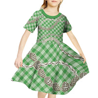Green Aloha Hawaii Shell Lei Kid Short Sleeve Dress Palaka Hebrew Cone Honey Cowrie Elegant Curves - Polynesian Pride