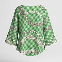 Green Aloha Hawaii Shell Lei Kimono Sleeve Blouse Palaka Hebrew Cone Honey Cowrie Elegant Curves - Polynesian Pride