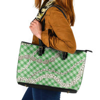 Green Aloha Hawaii Shell Lei Leather Tote Bag Palaka Hebrew Cone Honey Cowrie Elegant Curves - Polynesian Pride