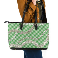 Green Aloha Hawaii Shell Lei Leather Tote Bag Palaka Hebrew Cone Honey Cowrie Elegant Curves - Polynesian Pride