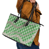 Green Aloha Hawaii Shell Lei Leather Tote Bag Palaka Hebrew Cone Honey Cowrie Elegant Curves - Polynesian Pride