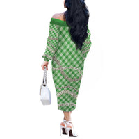 Green Aloha Hawaii Shell Lei Off The Shoulder Long Sleeve Dress Palaka Hebrew Cone Honey Cowrie Elegant Curves LT14 - Polynesian Pride