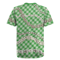 Green Aloha Hawaii Shell Lei Rugby Jersey Palaka Hebrew Cone Honey Cowrie Elegant Curves - Polynesian Pride