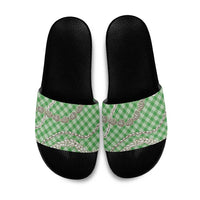 Green Aloha Hawaii Shell Lei Slide Sandals Palaka Hebrew Cone Honey Cowrie Elegant Curves - Polynesian Pride