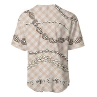Beige Aloha Hawaii Shell Lei Baseball Jersey Palaka Hebrew Cone Honey Cowrie Elegant Curves - Polynesian Pride
