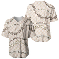 Beige Aloha Hawaii Shell Lei Baseball Jersey Palaka Hebrew Cone Honey Cowrie Elegant Curves - Polynesian Pride