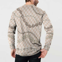 Beige Aloha Hawaii Shell Lei Button Sweatshirt Palaka Hebrew Cone Honey Cowrie Elegant Curves - Polynesian Pride