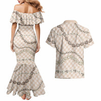 Beige Aloha Hawaii Shell Lei Couples Matching Mermaid Dress and Hawaiian Shirt Palaka Hebrew Cone Honey Cowrie Elegant Curves LT14 - Polynesian Pride