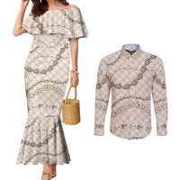 Beige Aloha Hawaii Shell Lei Couples Matching Mermaid Dress and Long Sleeve Button Shirt Palaka Hebrew Cone Honey Cowrie Elegant Curves LT14 Beige - Polynesian Pride