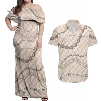 Beige Aloha Hawaii Shell Lei Couples Matching Off Shoulder Maxi Dress and Hawaiian Shirt Palaka Hebrew Cone Honey Cowrie Elegant Curves LT14 Beige - Polynesian Pride