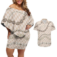 Beige Aloha Hawaii Shell Lei Couples Matching Off Shoulder Short Dress and Hawaiian Shirt Palaka Hebrew Cone Honey Cowrie Elegant Curves LT14 Beige - Polynesian Pride