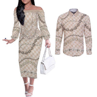 Beige Aloha Hawaii Shell Lei Couples Matching Off The Shoulder Long Sleeve Dress and Long Sleeve Button Shirt Palaka Hebrew Cone Honey Cowrie Elegant Curves LT14 Beige - Polynesian Pride