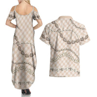 Beige Aloha Hawaii Shell Lei Couples Matching Summer Maxi Dress and Hawaiian Shirt Palaka Hebrew Cone Honey Cowrie Elegant Curves LT14 - Polynesian Pride