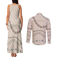 Beige Aloha Hawaii Shell Lei Couples Matching Tank Maxi Dress and Long Sleeve Button Shirt Palaka Hebrew Cone Honey Cowrie Elegant Curves LT14 - Polynesian Pride