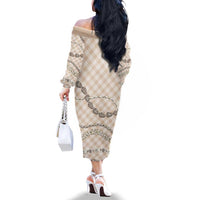 Beige Aloha Hawaii Shell Lei Family Matching Off The Shoulder Long Sleeve Dress and Hawaiian Shirt Palaka Hebrew Cone Honey Cowrie Elegant Curves LT14 - Polynesian Pride