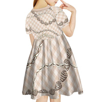 Beige Aloha Hawaii Shell Lei Kid Short Sleeve Dress Palaka Hebrew Cone Honey Cowrie Elegant Curves - Polynesian Pride