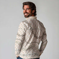 Beige Aloha Hawaii Shell Lei Long Sleeve Polo Shirt Palaka Hebrew Cone Honey Cowrie Elegant Curves - Polynesian Pride
