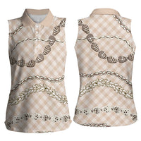 Beige Aloha Hawaii Shell Lei Women Sleeveless Polo Shirt Palaka Hebrew Cone Honey Cowrie Elegant Curves LT14 - Polynesian Pride