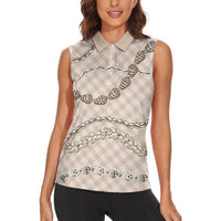 Beige Aloha Hawaii Shell Lei Women Sleeveless Polo Shirt Palaka Hebrew Cone Honey Cowrie Elegant Curves LT14 - Polynesian Pride