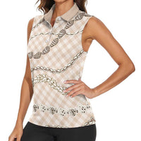 Beige Aloha Hawaii Shell Lei Women Sleeveless Polo Shirt Palaka Hebrew Cone Honey Cowrie Elegant Curves LT14 - Polynesian Pride