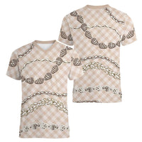 Beige Aloha Hawaii Shell Lei Women V-Neck T-Shirt Palaka Hebrew Cone Honey Cowrie Elegant Curves LT14 - Polynesian Pride