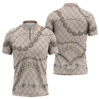 Beige Aloha Hawaii Shell Lei Zipper Polo Shirt Palaka Hebrew Cone Honey Cowrie Elegant Curves - Polynesian Pride